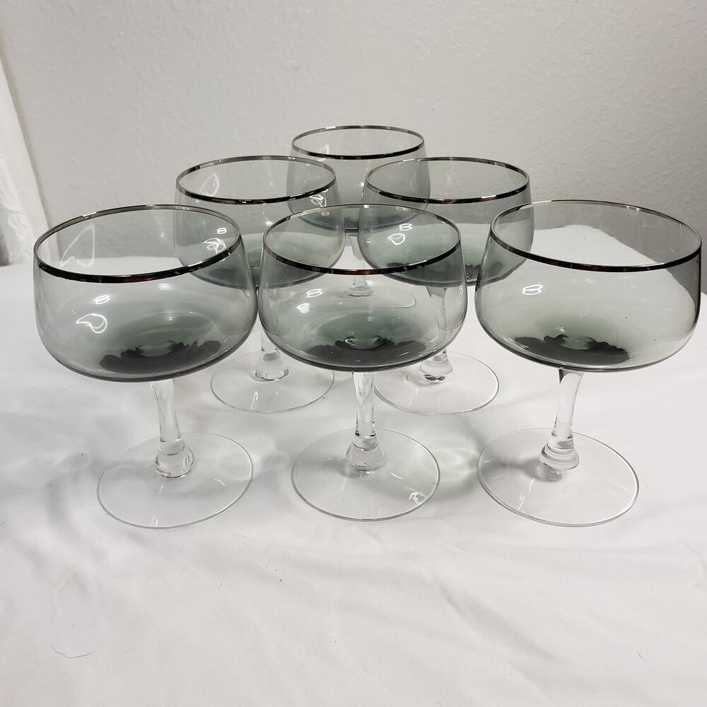 Fostoria Cherish Gray Smoke Platinum Trim Sherbet‎ Champagne Glasses Set Of 6